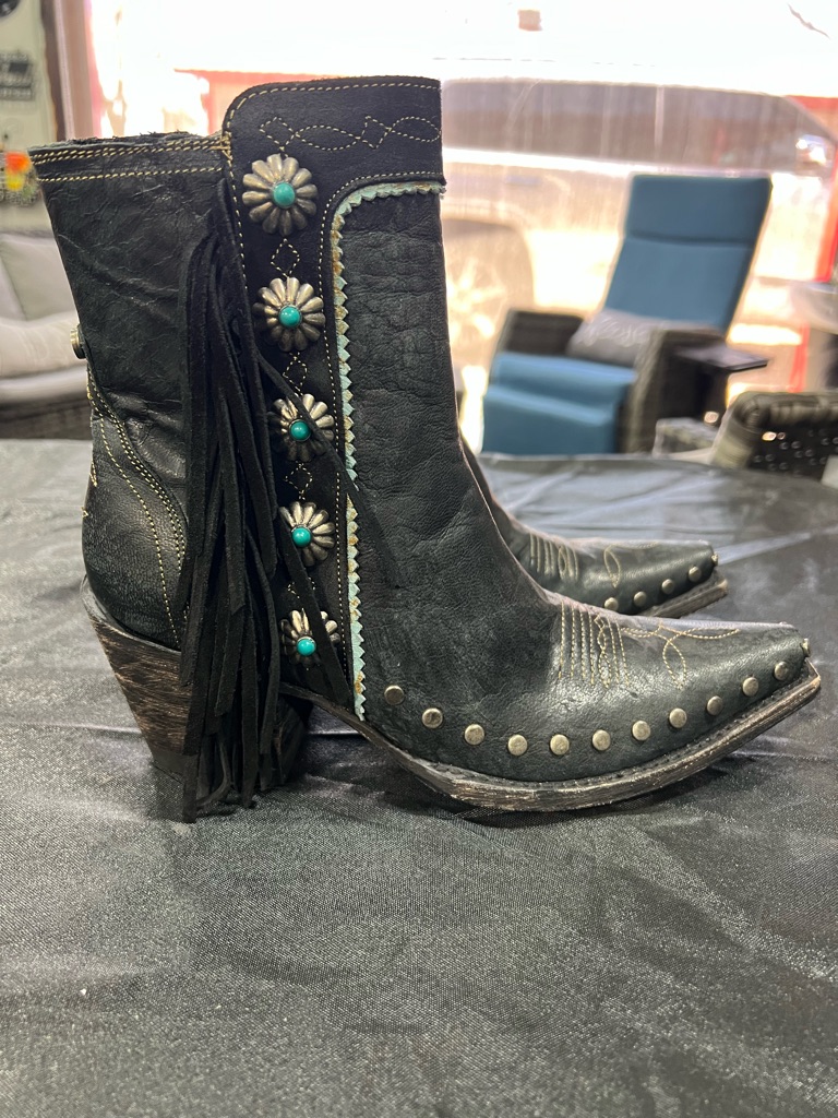 Double D Ranch Black Leather Western Ankle Boots With Turquoise Conchos
